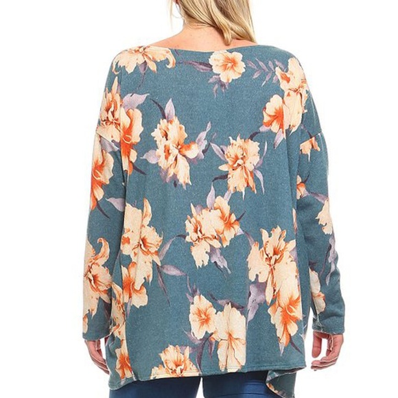 Teal Floral Knot-Front V-Neck Tunic Small - Picture 5 of 7